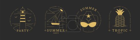 Illustration for Set of line art summer icons with pineapple, ship, lighthouse and swimsuit. Set of summer posters. Vector illustration - Royalty Free Image
