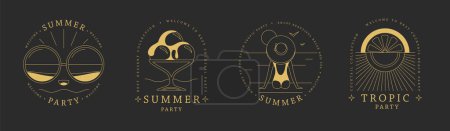Téléchargez les illustrations : Ensemble d'icônes d'été d'art de ligne avec crème glacée, lunettes de soleil, orange, soleil et fille dans le chapeau. Ensemble d'affiches d'été. Illustration vectorielle - en licence libre de droit