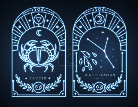 Illustration for Set of neon modern magic witchcraft cards with astrology Cancer zodiac sign characteristic. Vector illustration - Royalty Free Image