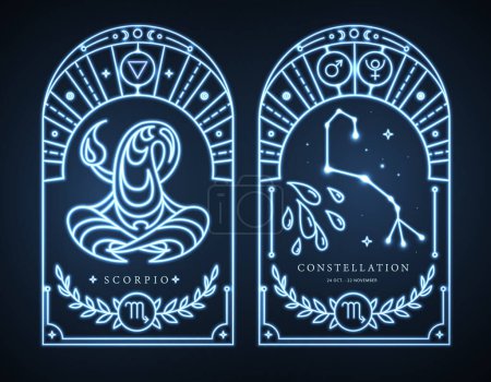 Illustration for Set of neon modern magic witchcraft cards with astrology Scorpio zodiac sign characteristic. Vector illustration - Royalty Free Image