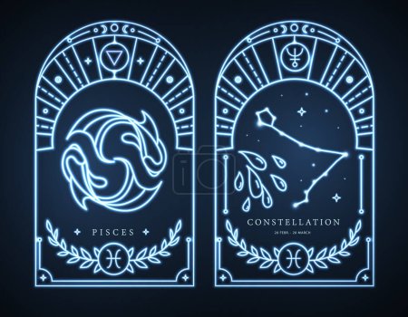 Ilustración de Conjunto de cartas de brujería mágica moderna de neón con astrología característica signo del zodiaco de Piscis. Ilustración vectorial - Imagen libre de derechos
