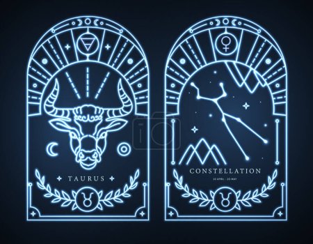 Set of neon modern magic witchcraft cards with astrology Taurus zodiac sign characteristic. Vector illustration