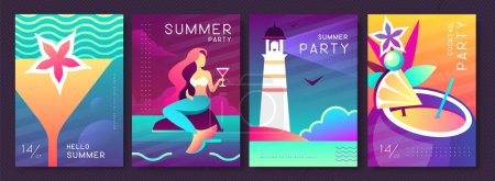 Illustration for Set of fluorescent summer posters with summer attributes. Cocktail silhouette, pina colada, mermaid, lighthouse and sea. Vector illustration - Royalty Free Image