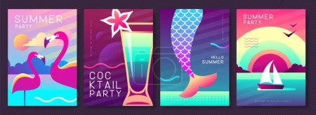 Téléchargez les illustrations : Ensemble d'affiches d'été fluorescentes avec des attributs d'été. Silhouette de cocktail, flamant rose, queue de sirène et navire dans la mer. Illustration vectorielle - en licence libre de droit