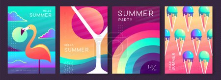 Ilustración de Conjunto de carteles fluorescentes de verano coloridos con atributos de verano. Cóctel de silueta cosmopolita, flamenco, helado y arco iris. Ilustración vectorial - Imagen libre de derechos