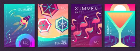 Ensemble d'affiches d'été colorées fluorescentes avec des attributs d'été. Cocktail silhouette cosmopolite, flamant rose, vue sur la plage, anneau de natation et nageuse. Illustration vectorielle