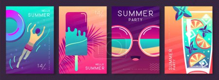 Ilustración de Conjunto de carteles fluorescentes de verano con atributos de verano. Cóctel de mojito, gafas de sol, helado, anillo de natación y hombre nadador. Ilustración vectorial - Imagen libre de derechos