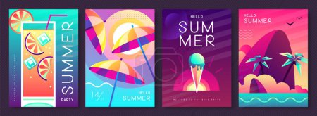 Illustration for Set of fluorescent summer posters with summer attributes. Cocktail silhouette, tequila sunrise, beach umbrella, ice cream and tropic island. Vector illustration - Royalty Free Image