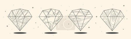 Téléchargez les illustrations : Ensemble de cartes de sorcellerie magiques modernes avec des diamants géométriques ou des cristaux. Illustration vectorielle occulte de l'art linéaire - en licence libre de droit