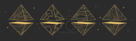 Téléchargez les illustrations : Ensemble de cartes de sorcellerie magiques modernes avec pyramides géométriques ou cristaux. Illustration vectorielle occulte de l'art linéaire - en licence libre de droit