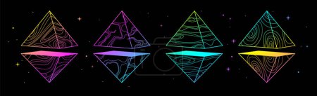 Téléchargez les illustrations : Ensemble de cartes de sorcellerie magiques modernes avec pyramides géométriques fluorescentes ou cristaux. Illustration vectorielle occulte de l'art linéaire - en licence libre de droit