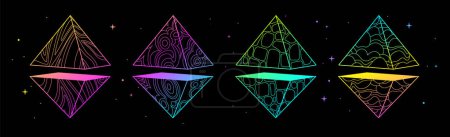 Téléchargez les illustrations : Ensemble de cartes de sorcellerie magiques modernes avec pyramides géométriques fluorescentes ou cristaux. Illustration vectorielle occulte de l'art linéaire - en licence libre de droit