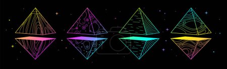 Ilustración de Conjunto de tarjetas de brujería mágica moderna con pirámides geométricas fluorescentes o cristales. Ilustración de vectores ocultos de arte lineal - Imagen libre de derechos