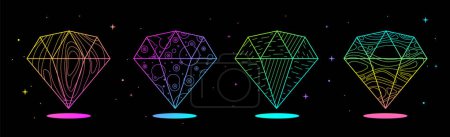 Ilustración de Conjunto de tarjetas de brujería mágica moderna con diamantes geométricos fluorescentes o cristales. Ilustración de vectores ocultos de arte lineal - Imagen libre de derechos