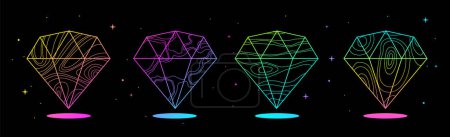 Téléchargez les illustrations : Ensemble de cartes de sorcellerie magiques modernes avec des diamants géométriques fluorescents ou des cristaux. Illustration vectorielle occulte de l'art linéaire - en licence libre de droit