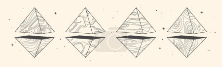Téléchargez les illustrations : Ensemble de cartes de sorcellerie magiques modernes avec pyramides géométriques ou cristaux. Illustration vectorielle occulte de l'art linéaire - en licence libre de droit