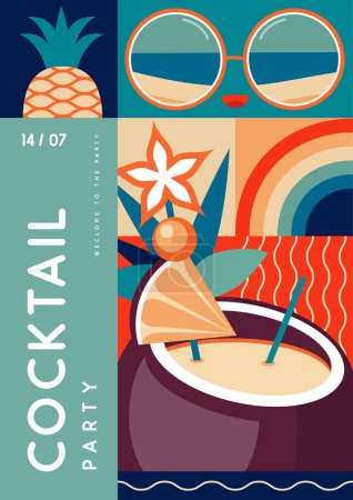 Illustration for Retro flat summer disco party poster with summer attributes. Pina colada cocktail , tropic fruits and sunglasses. Vector illustration - Royalty Free Image