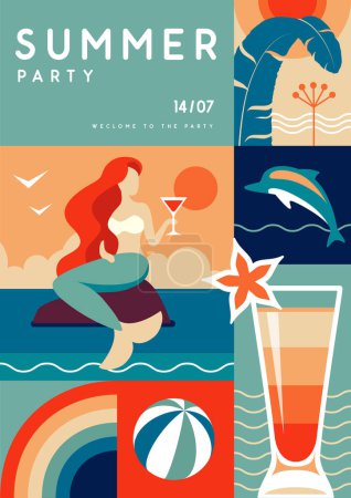 Illustration for Retro flat summer disco party poster with summer attributes. Mermaid with cocktail, dolphin, tropic leavesand rainbow. Vector illustration - Royalty Free Image