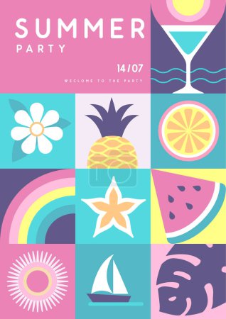Ilustración de Cartel de fiesta disco de verano retro plano con atributos de verano. Silueta de cóctel, frutas y flores tropicales, arco iris y barco. Ilustración vectorial - Imagen libre de derechos