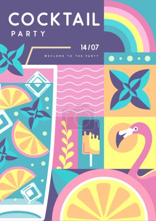 Téléchargez les illustrations : Affiche de fête de disco d'été plat rétro avec attributs d'été. Cocktail mojito, flamant rose, crème glacée, arc-en-ciel et orange. Illustration vectorielle - en licence libre de droit