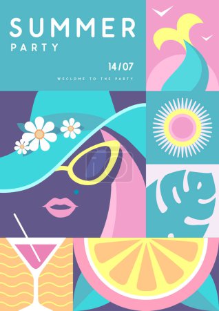 Téléchargez les illustrations : Affiche de fête de disco d'été plat rétro avec attributs d'été. Fille au chapeau, queue de sirène, cocktail cosmopolite et orange. Illustration vectorielle - en licence libre de droit
