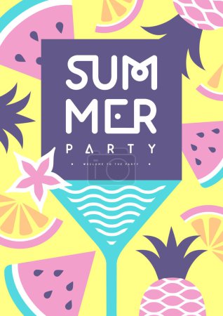 Illustration for Retro flat summer disco party poster with cocktail and tropic fruits. Vector illustration - Royalty Free Image