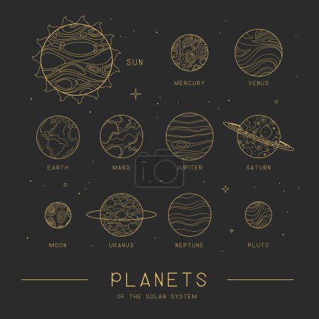Téléchargez les illustrations : Sorcellerie magique moderne fond astrologie avec les planètes du système solaire. Illustration vectorielle occulte de l'art linéaire - en licence libre de droit