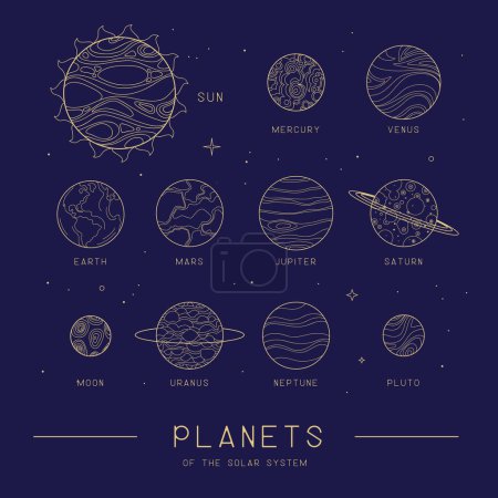 Téléchargez les illustrations : Sorcellerie magique moderne fond astrologie avec les planètes du système solaire. Illustration vectorielle occulte de l'art linéaire - en licence libre de droit