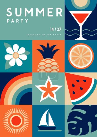 Téléchargez les illustrations : Affiche de fête de disco d'été plat rétro avec attributs d'été. Silhouette de cocktail, fruits et fleurs tropiques, arc-en-ciel et bateau. Illustration vectorielle - en licence libre de droit