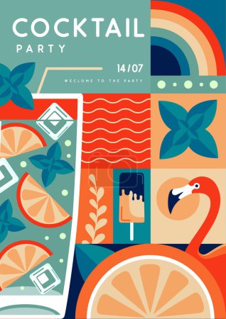 Téléchargez les illustrations : Affiche de fête de disco d'été plat rétro avec attributs d'été. Cocktail mojito, flamant rose, crème glacée, arc-en-ciel et orange. Illustration vectorielle - en licence libre de droit