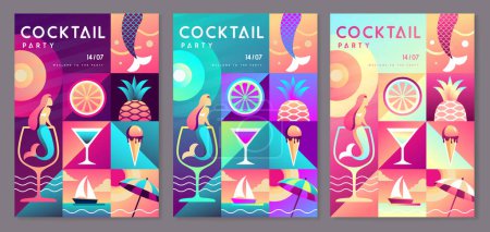 Illustration for Set of Fluorescent flat summer disco party posters with summer attributes. Cocktail, tropic fruits, mermaids, ice cream and ship. Vector illustration - Royalty Free Image