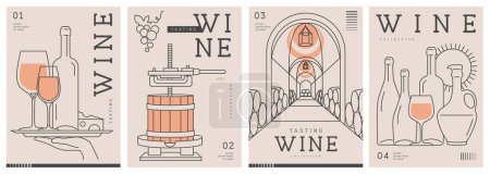 Ilustración de Set of modern line art magazine covers or posters with wine bottles and glasses. Restaurant menu design. Vector illustration - Imagen libre de derechos