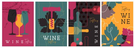 Conjunto de portadas de revistas modernas o carteles con botellas de vino y copas. Diseño abstracto de menú plano restaurante. Degustación de vinos. Ilustración vectorial