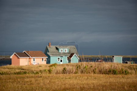 Foto de Coloridas casas de color azul turquesa y melocotón junto al mar. Línea costera robusta de Havre Aubert en la isla magdalen en Quebec, Canadá con un cielo gris oscuro y hierba amarilla en primer plano - Imagen libre de derechos