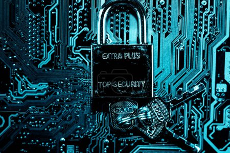 Abstract,close up of Lock on Mainboard Electronic computer background.(best internet top security)