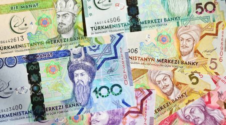 Téléchargez les photos : Some current banknotes of the asian country of Turkmenistan - en image libre de droit