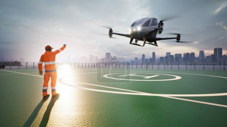 Téléchargez les photos : Véhicule aérien autonome sans conducteur survole la ville, rendu 3d - en image libre de droit
