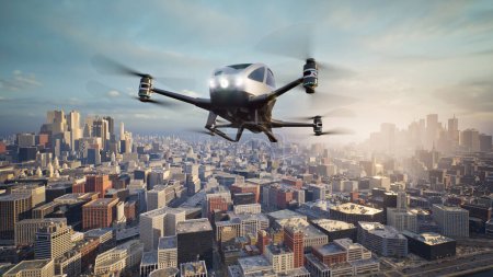 Photo for Autonomous driverless aerial vehicle fly across city, 3d render - Royalty Free Image