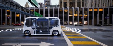 Téléchargez les photos : Autobus électrique autonome dans la rue, concept de technologie de véhicule intelligent, rendu 3d - en image libre de droit