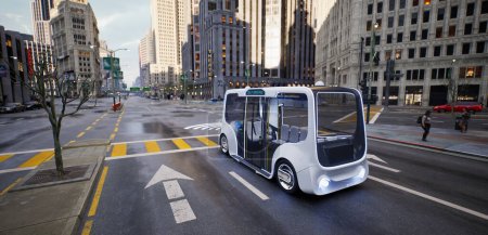 Autobús eléctrico autónomo auto conducción en la calle, concepto de tecnología de vehículos inteligentes, 3d render