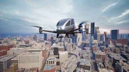 Autonome fahrerlose Luftfahrzeuge fliegen über die Stadt, 3D-Rendering