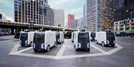 Photo for Autonomous delivery robot standby at parking lot, Smart logistics technology concept,  3d render - Royalty Free Image