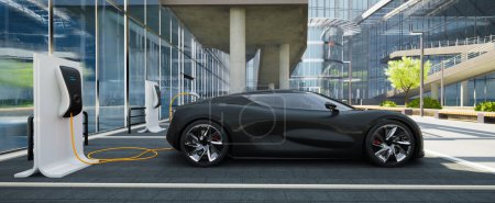 Téléchargez les photos : Chargement de voiture de sport électrique absolument générique et sans marque, futur concept de véhicule électrique, rendu 3d - en image libre de droit