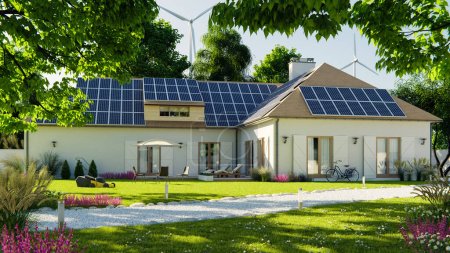Photo for Renewable energy house concept with solar roof and wind turbine, 3d render - Royalty Free Image