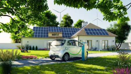 Foto de Concepto de la casa de la energía renovable con los coches eléctricos que cargan por la célula solar y la energía eólica, prestan 3d - Imagen libre de derechos
