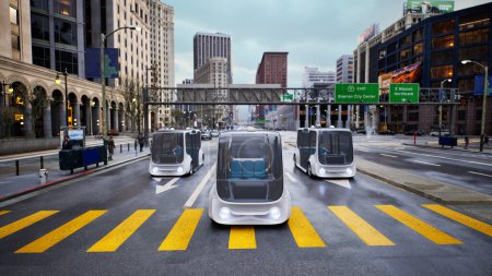 Foto de Autobús eléctrico autónomo auto conducción en la calle, concepto de tecnología de vehículos inteligentes, 3d render - Imagen libre de derechos