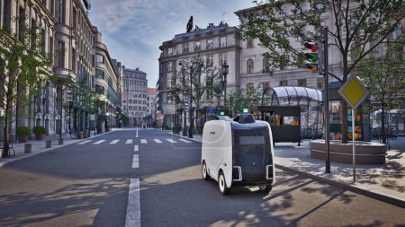 Photo for Autonomous delivery robot driverless on street, Smart vehicle technology concept, 3d render - Royalty Free Image