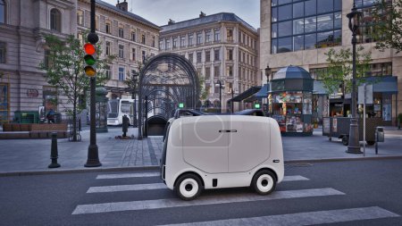 Photo for Autonomous delivery robot driverless on street, Smart vehicle technology concept, 3d render - Royalty Free Image