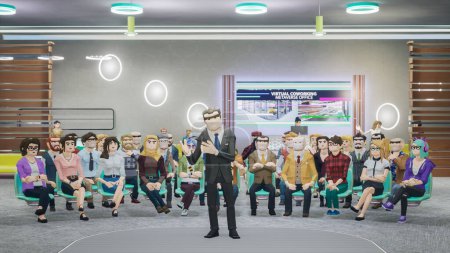 Photo for Metaverse avatars of people seminar online in virtual worlds, 3d render - Royalty Free Image