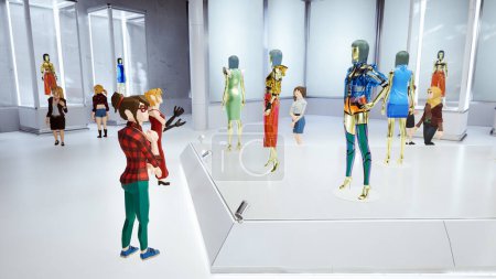 Photo for Metaverse avatars of people shopping in digital clothing shop, 3d render - Royalty Free Image